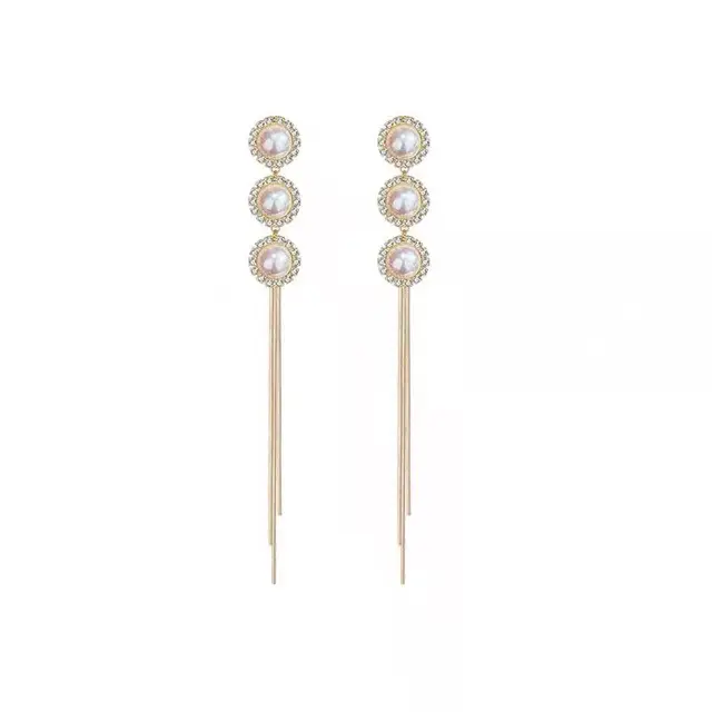 Silver Needle Pearl Earrings Long Tassel Design - Image 4