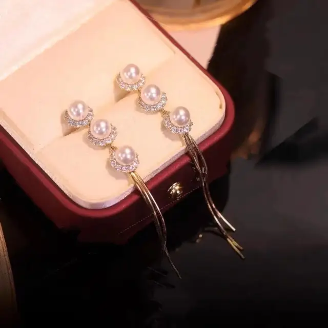 Silver Needle Pearl Earrings Long Tassel Design - Image 5