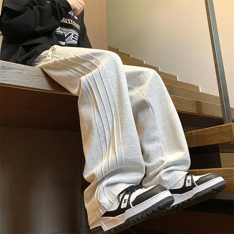 Men Gray Fleece Sweatpants American Retro Wide Leg Winter — feature 11