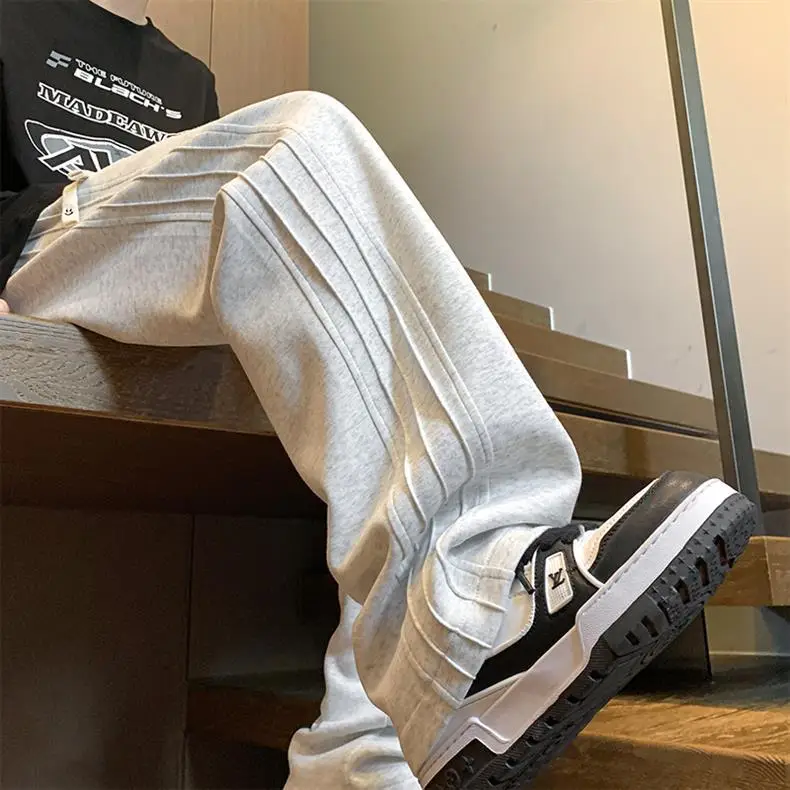 Men Gray Fleece Sweatpants American Retro Wide Leg Winter — feature 13