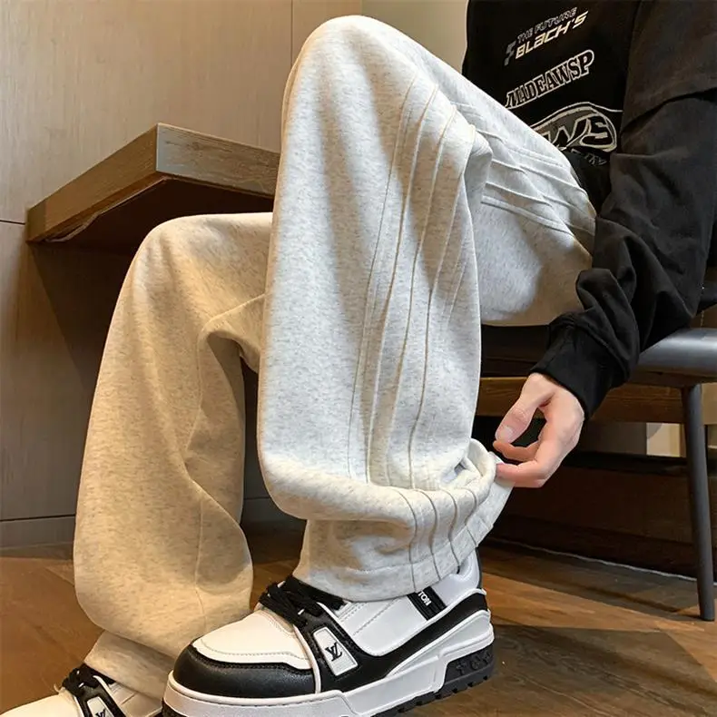 Men Gray Fleece Sweatpants American Retro Wide Leg Winter — feature 2
