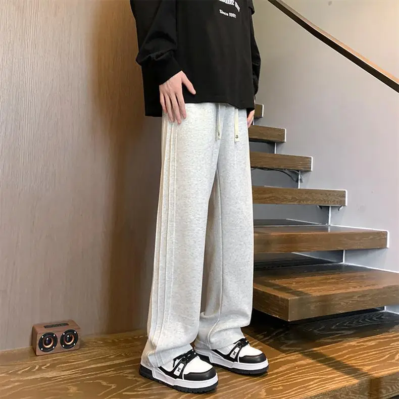 Men Gray Fleece Sweatpants American Retro Wide Leg Winter — feature 4