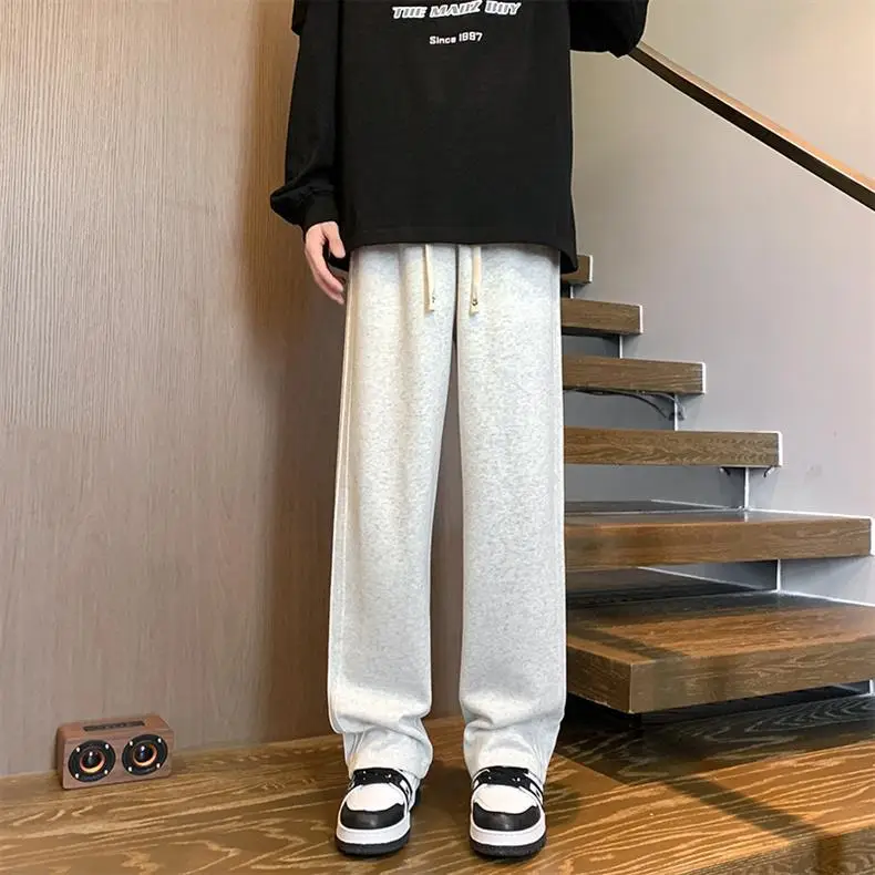 Men Gray Fleece Sweatpants American Retro Wide Leg Winter — feature 5