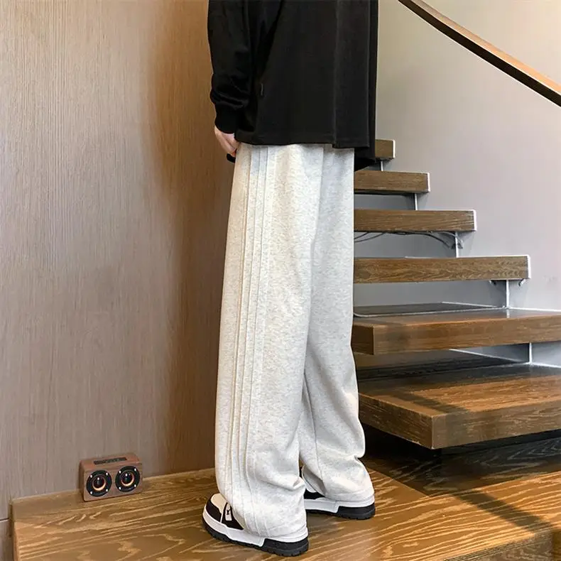 Men Gray Fleece Sweatpants American Retro Wide Leg Winter — feature 6