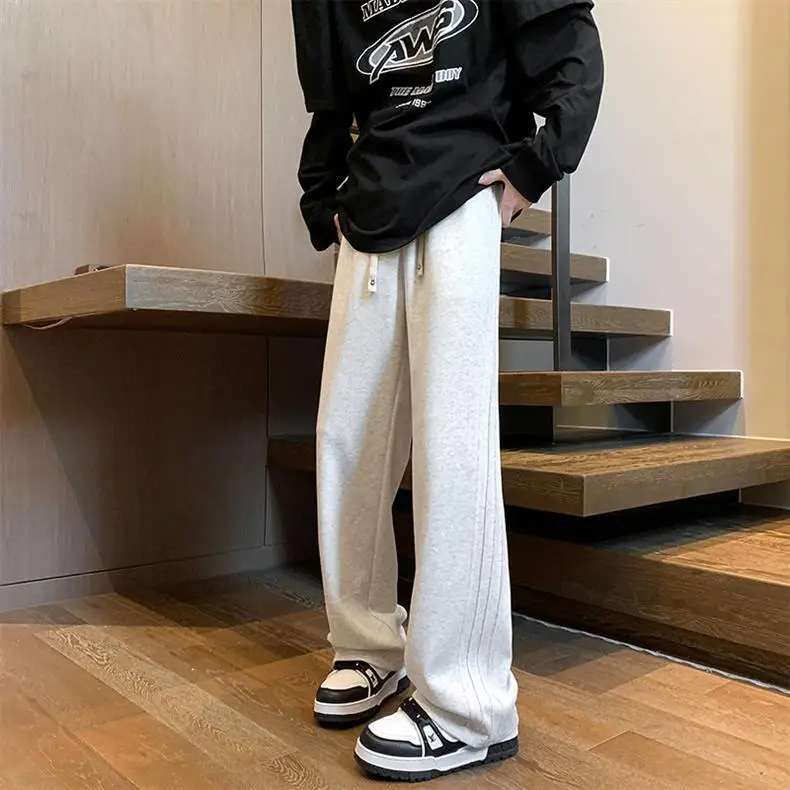 Men Gray Fleece Sweatpants American Retro Wide Leg Winter — feature 7