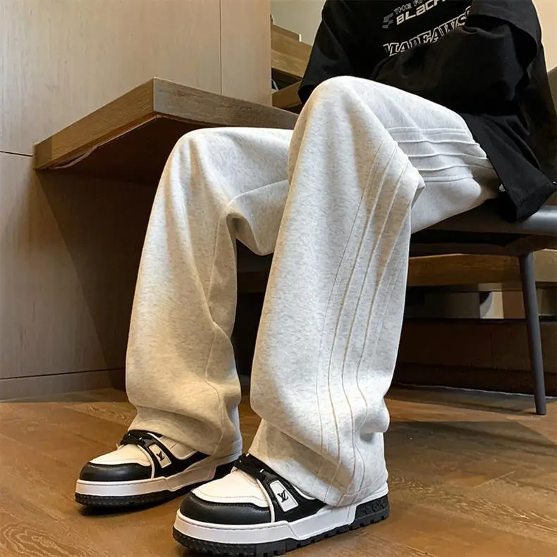 Men Gray Fleece Sweatpants American Retro Wide Leg Winter — feature 8