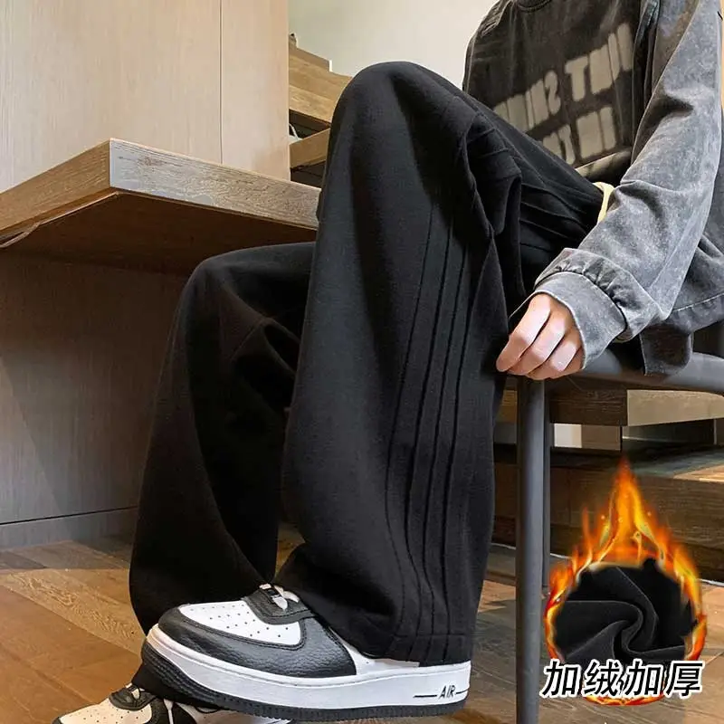 Men Gray Fleece Sweatpants American Retro Wide Leg Winter - Image 2