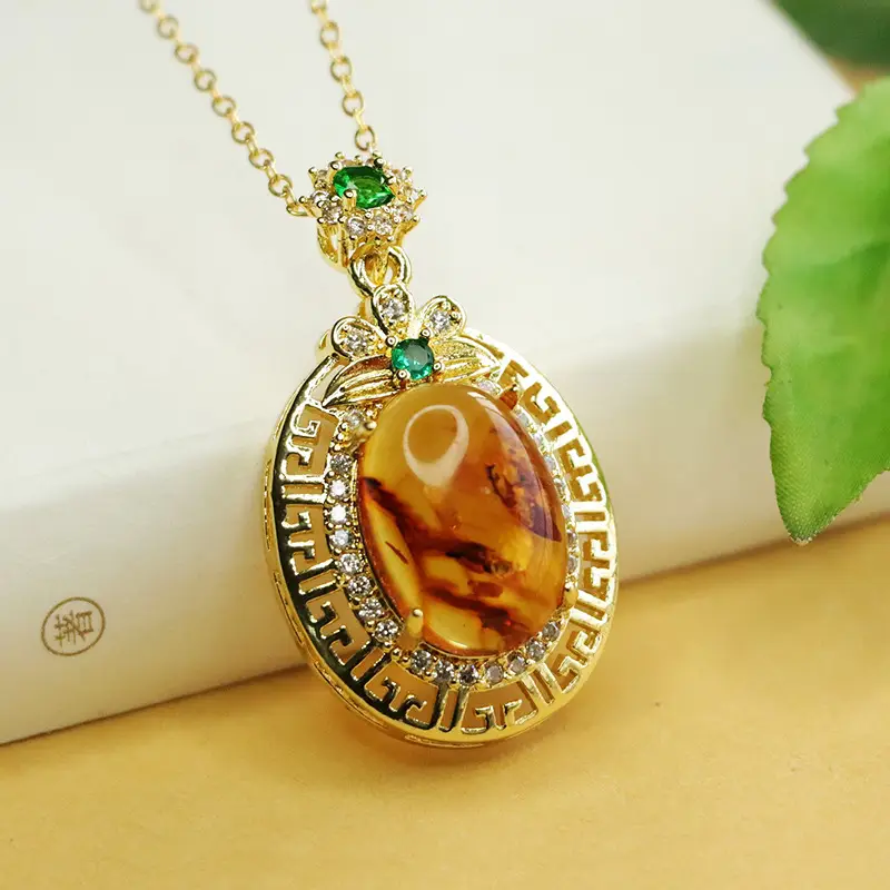 Aiyu Natural Amber Pendant Necklace Ethnic Gold - Image 4