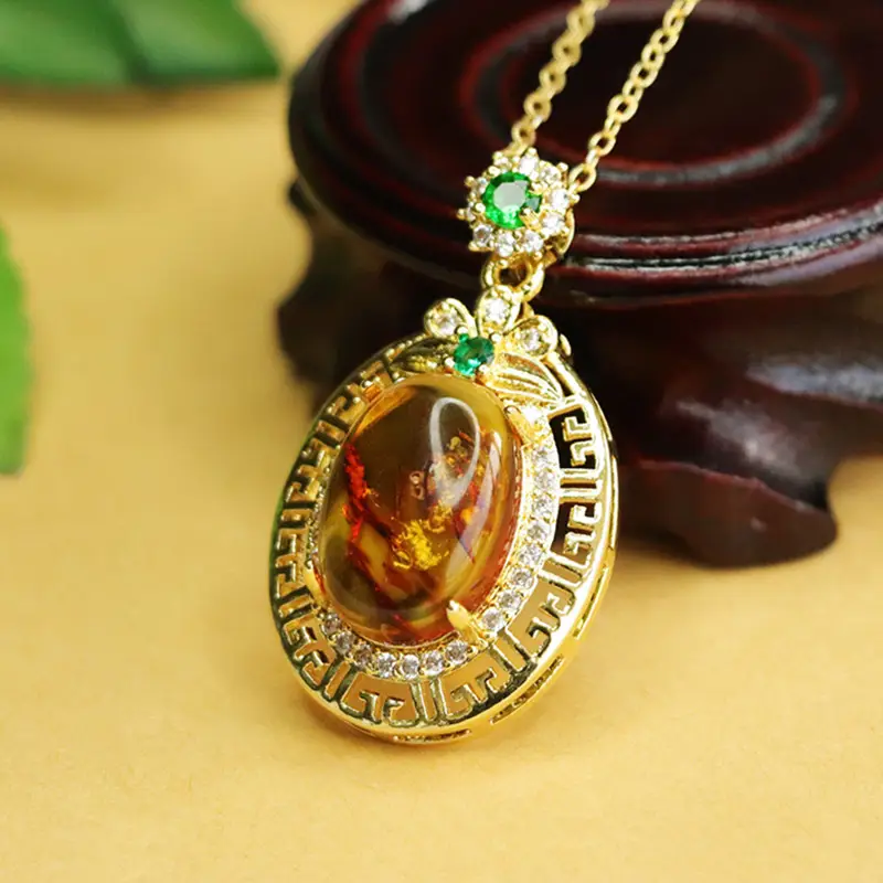 Aiyu Natural Amber Pendant Necklace Ethnic Gold - Image 5