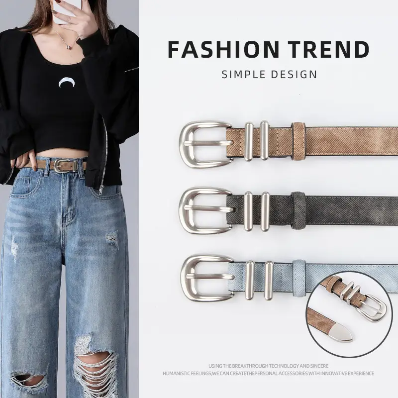 Women's Light Blue Leather Belt with Silver Buckle - Image 4