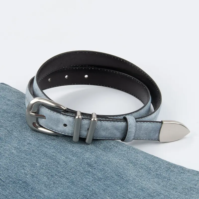 Women's Light Blue Leather Belt with Silver Buckle - Image 5