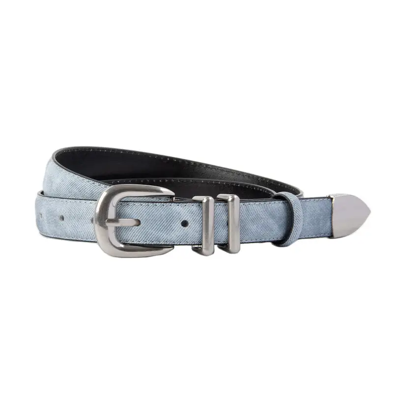 Women's Light Blue Leather Belt with Silver Buckle - Image 8