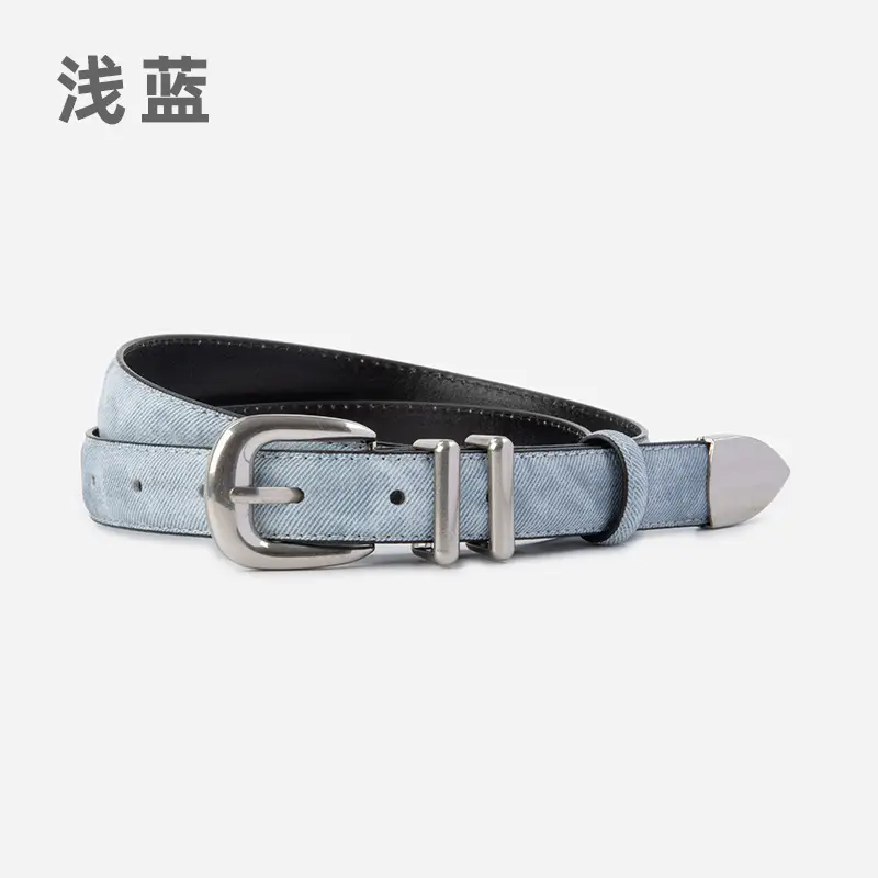 Women's Light Blue Leather Belt with Silver Buckle - Image 3