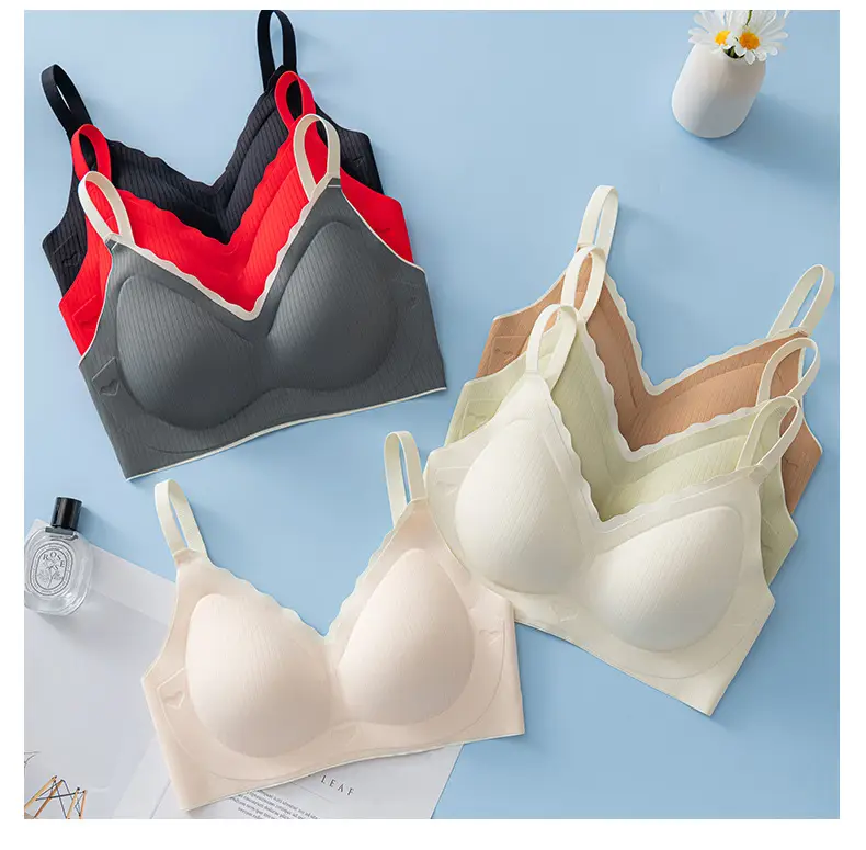 Breathable soft light plain fruit muscle striped jelly seamless underwear fixed cup soft support breast gathering bra — feature 17