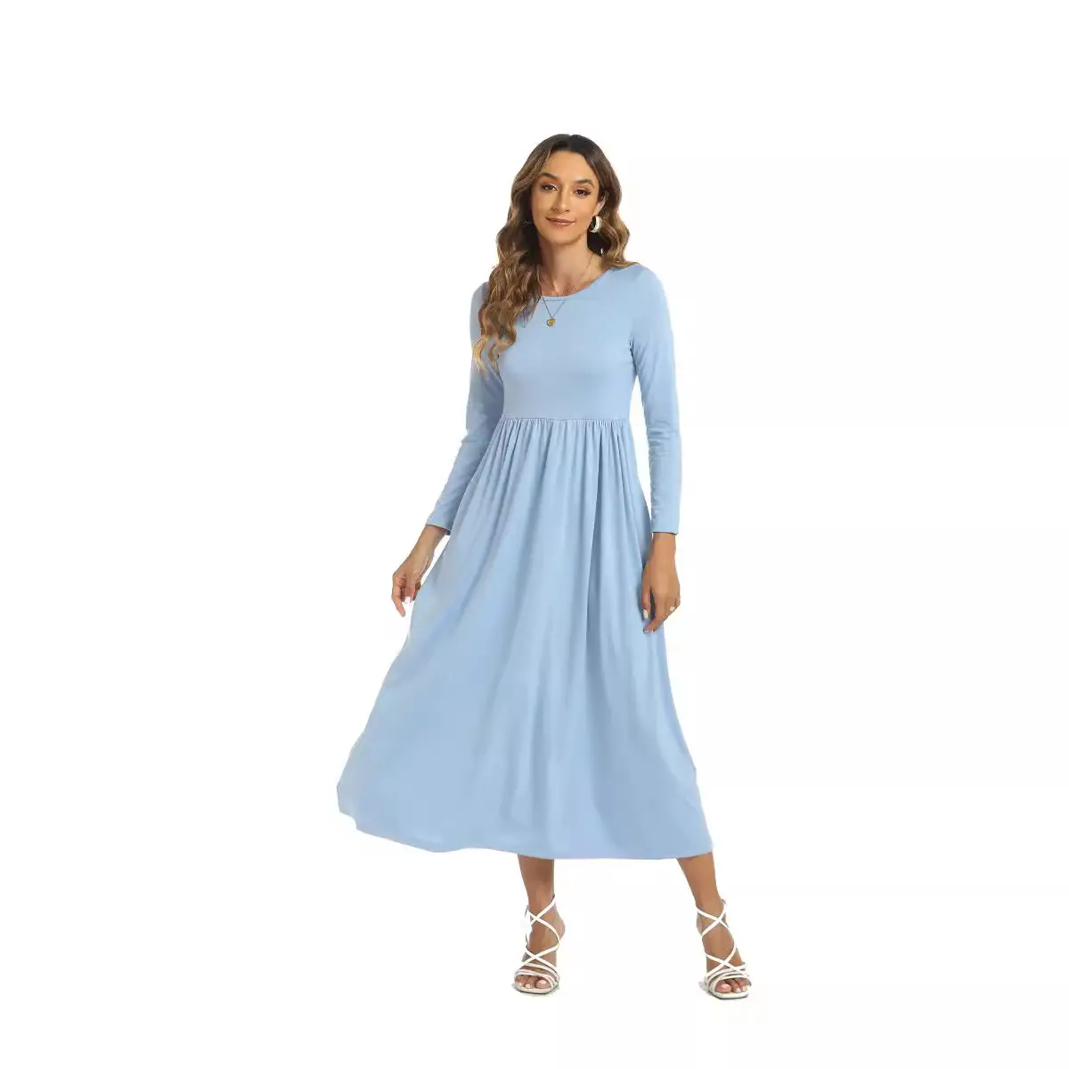 Light Blue Long Sleeve Muslim Women's Dress - Image 6