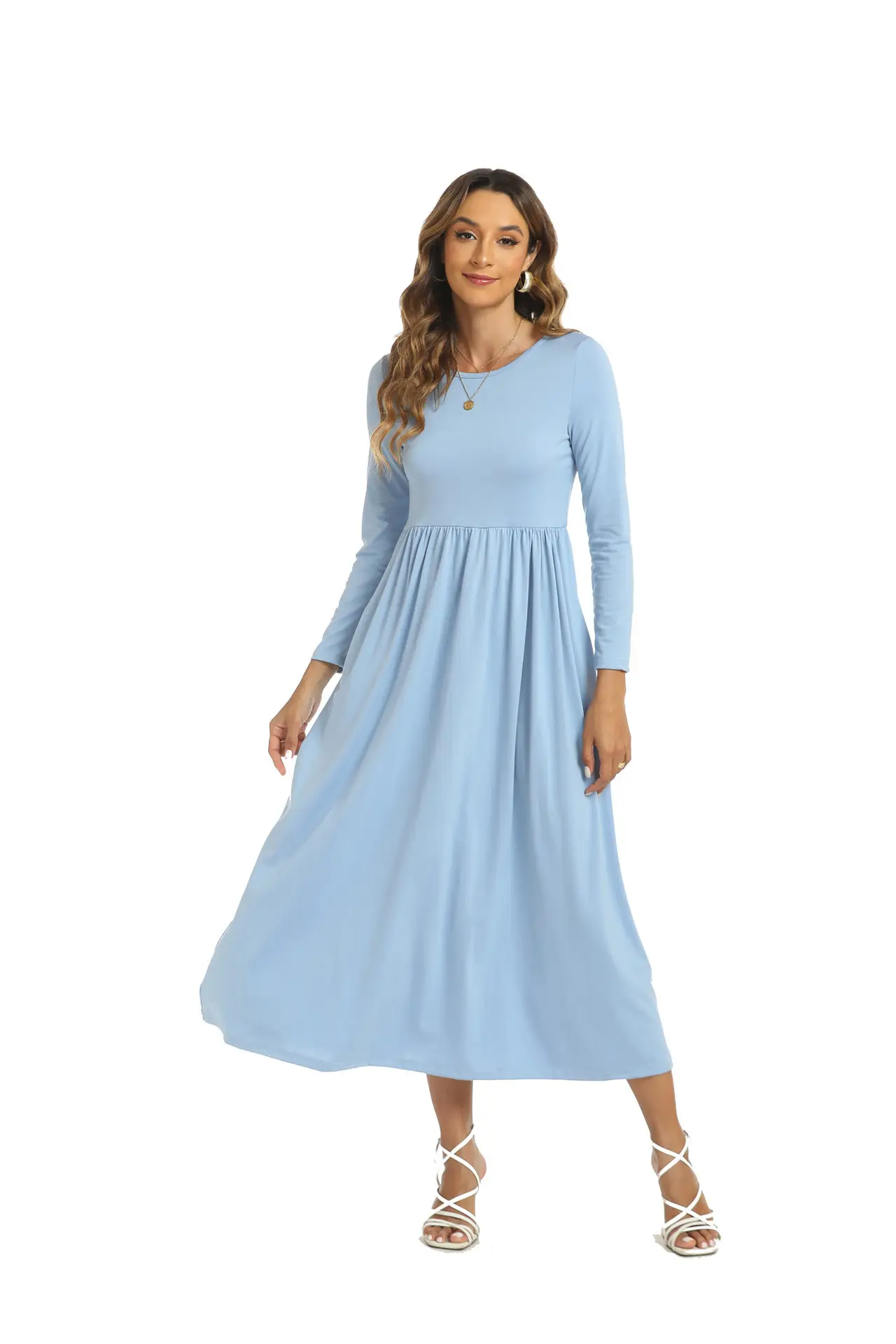 Light Blue Long Sleeve Muslim Women's Dress - Image 2