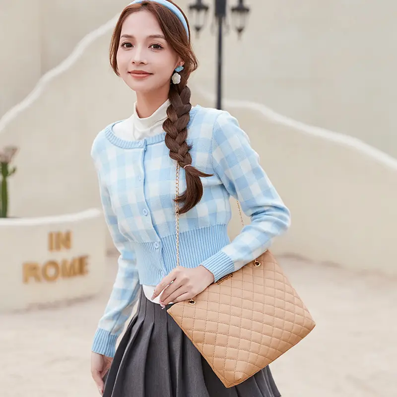 Light Blue Checkered Cardigan with Diamond Embroidery - Image 7