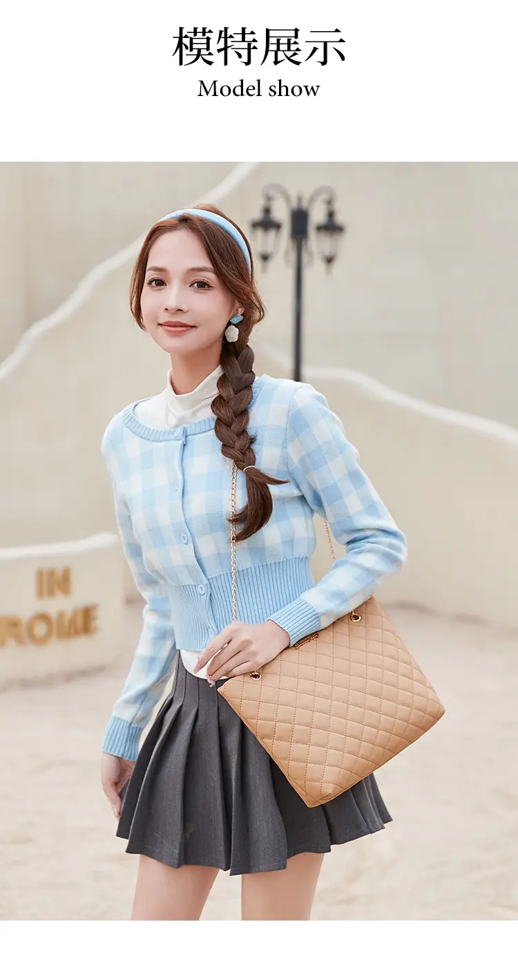 Light Blue Checkered Cardigan with Diamond Embroidery — feature 13