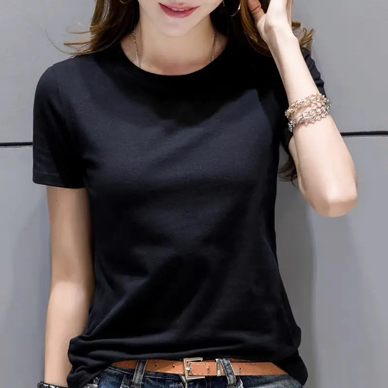 Japanese Korean Pure Cotton Black T-Shirt Women Summer Slim Fit - Image 21