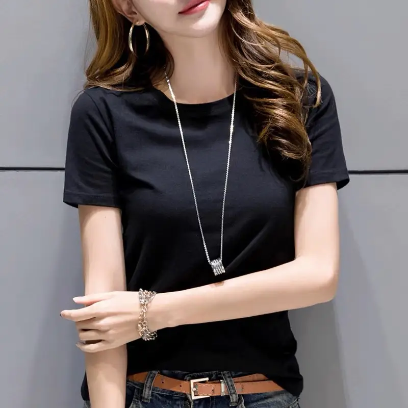 Japanese Korean Pure Cotton Black T-Shirt Women Summer Slim Fit - Image 23