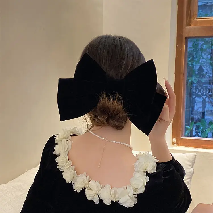 Autumn Winter Black Velvet Bow Hairpin Women - Image 7