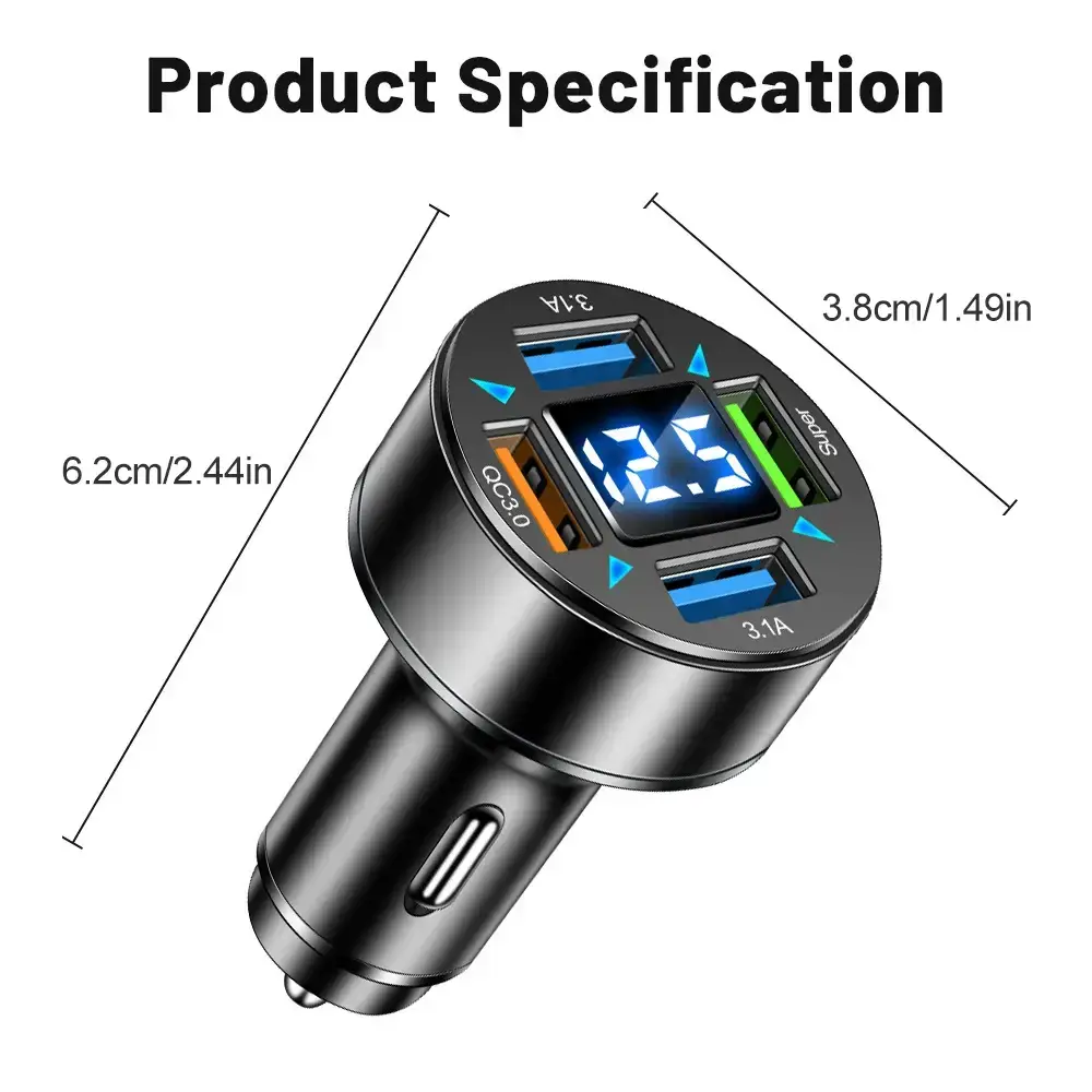 Digital Display 4USB Car Charger 66W Fast Charge — feature 1
