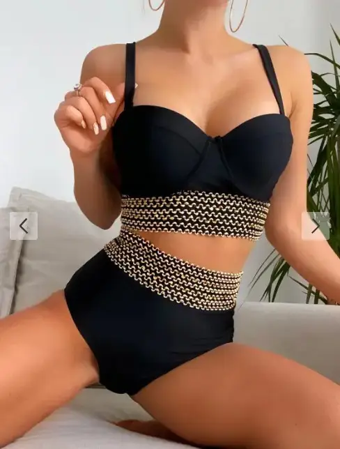 Women's Black Steel Backless Split Swimsuit with Chain Detail - Image 3