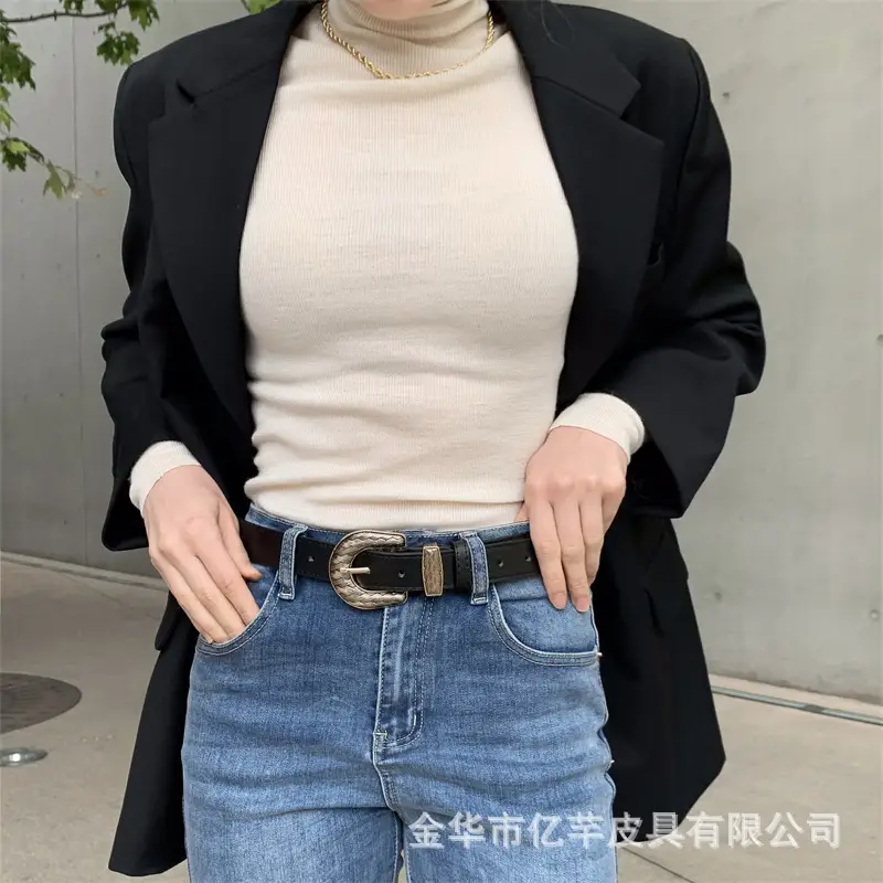 Women's Black Belt with Turtleneck Jeans Set - Image 4