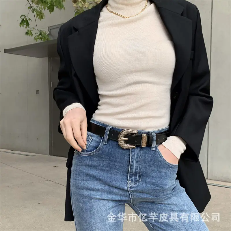 Women's Black Belt with Turtleneck Jeans Set - Image 5