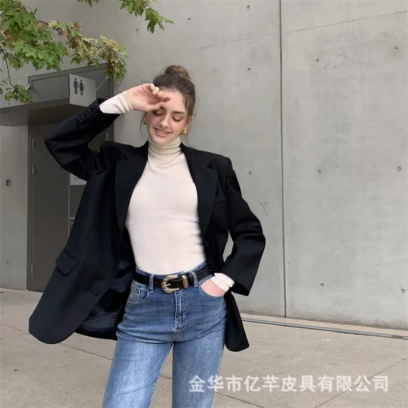 Women's Black Belt with Turtleneck Jeans Set — feature 17