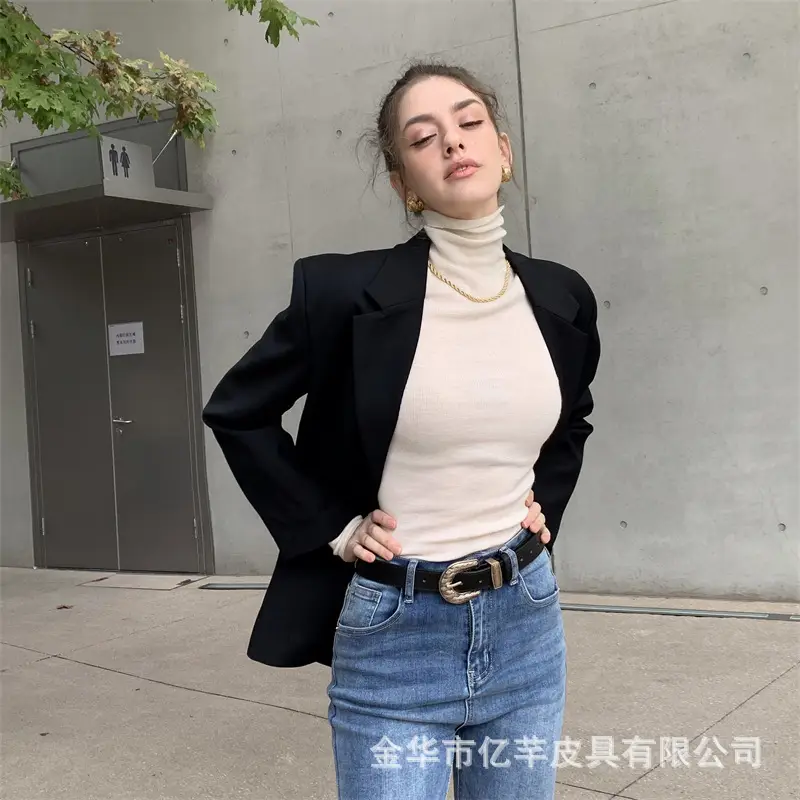 Women's Black Belt with Turtleneck Jeans Set — feature 19