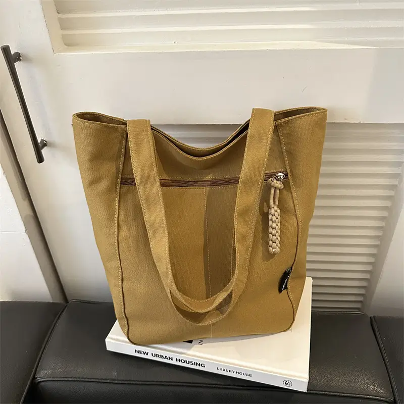Canvas College Student Shoulder Bag Tan Large Capacity - Image 6