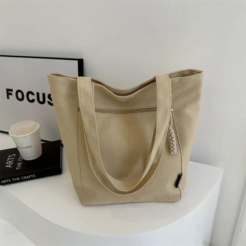 Canvas College Student Shoulder Bag Tan Large Capacity - Image 8
