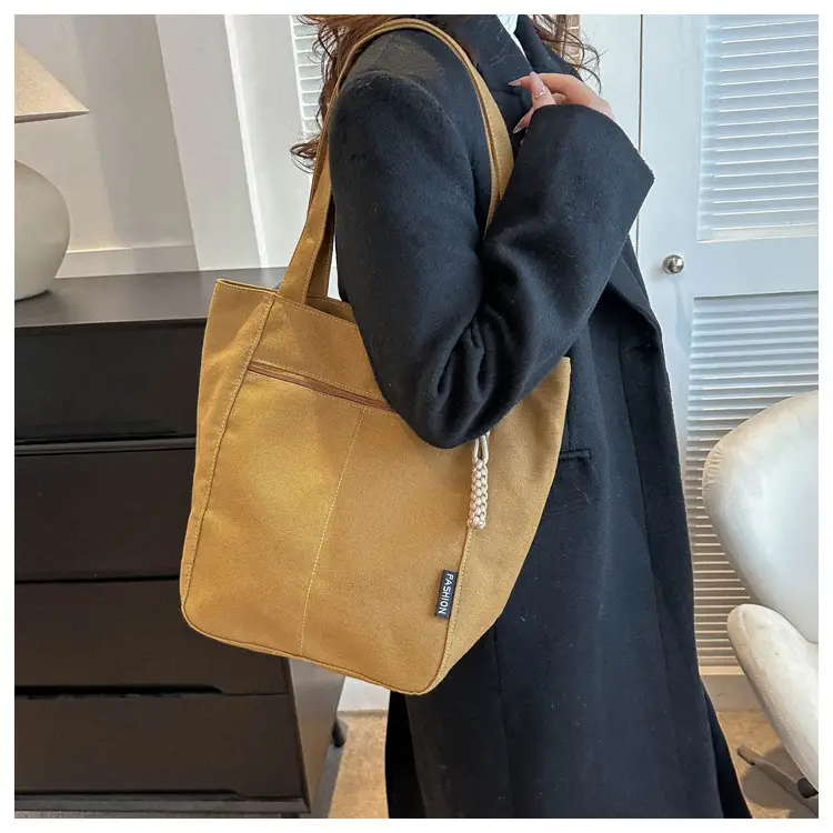 Canvas College Student Shoulder Bag Tan Large Capacity — feature 14