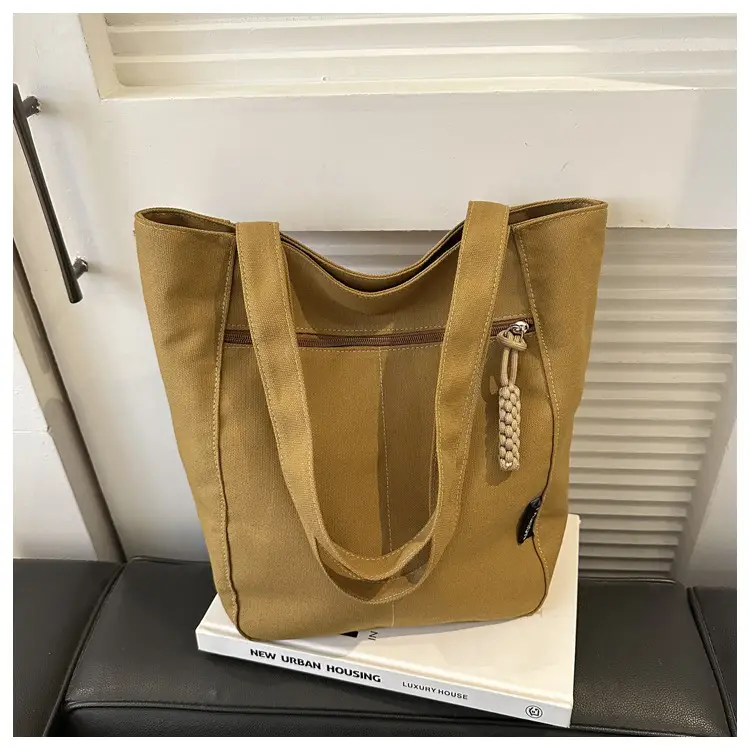Canvas College Student Shoulder Bag Tan Large Capacity — feature 23