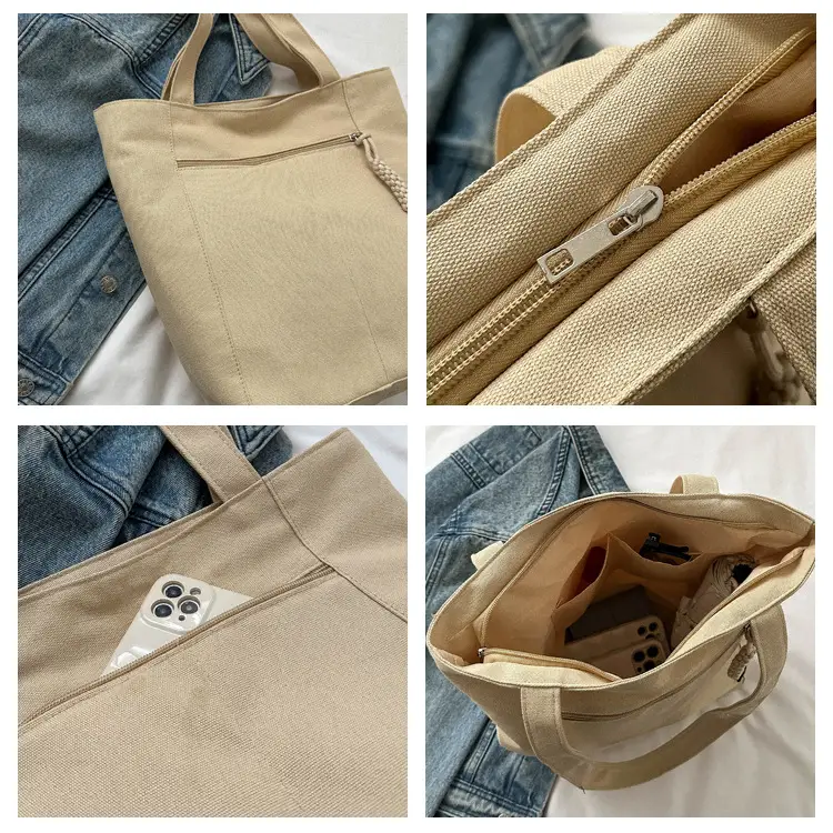 Canvas College Student Shoulder Bag Tan Large Capacity — feature 7