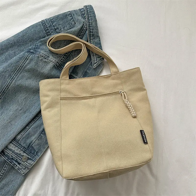 Canvas College Student Shoulder Bag Tan Large Capacity - Image 3