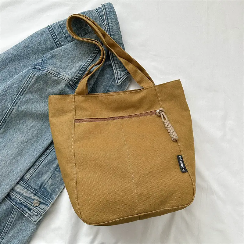 Canvas College Student Shoulder Bag Tan Large Capacity - Image 4