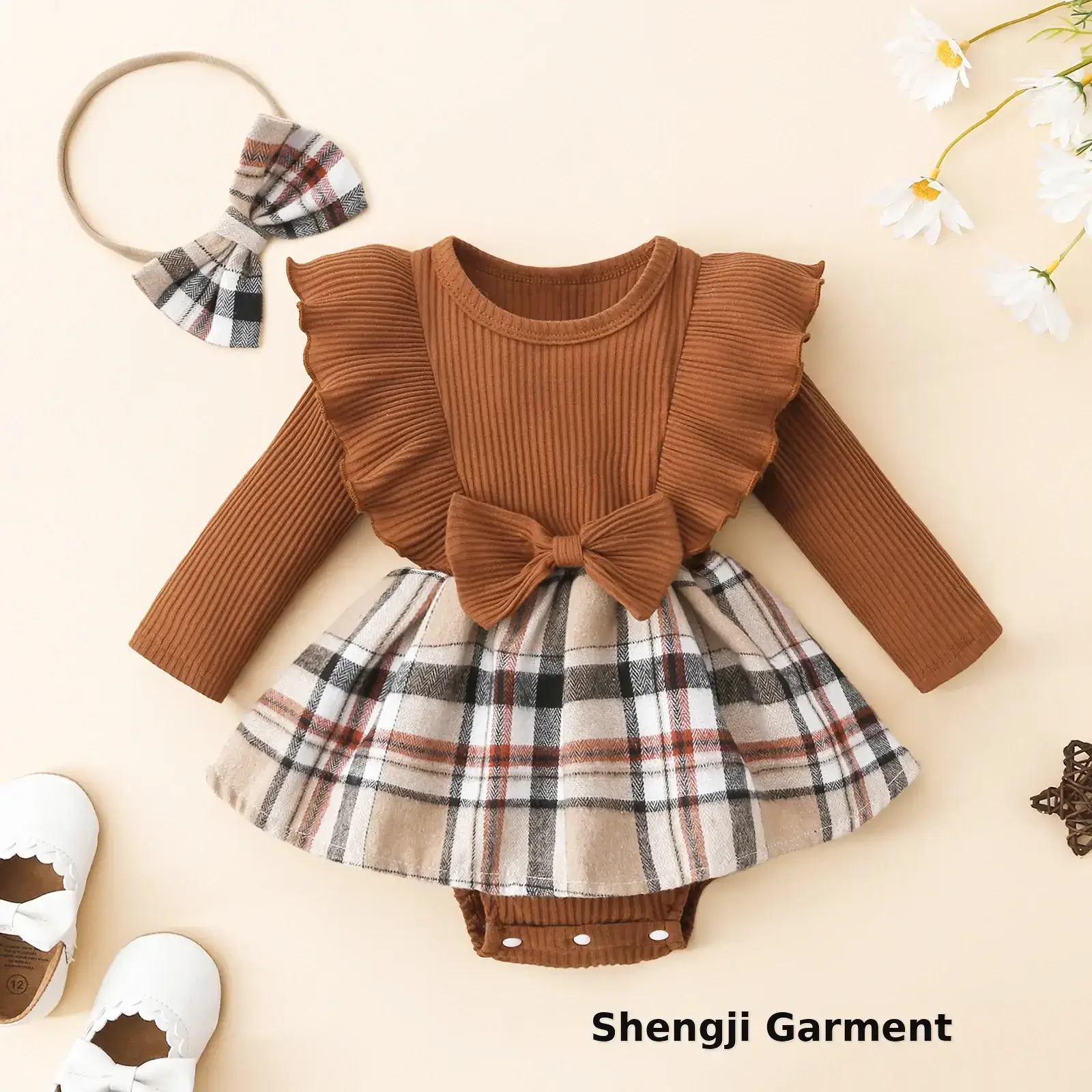 Brown Ribbed Baby Crawling Suit Two-Piece Set — feature 1
