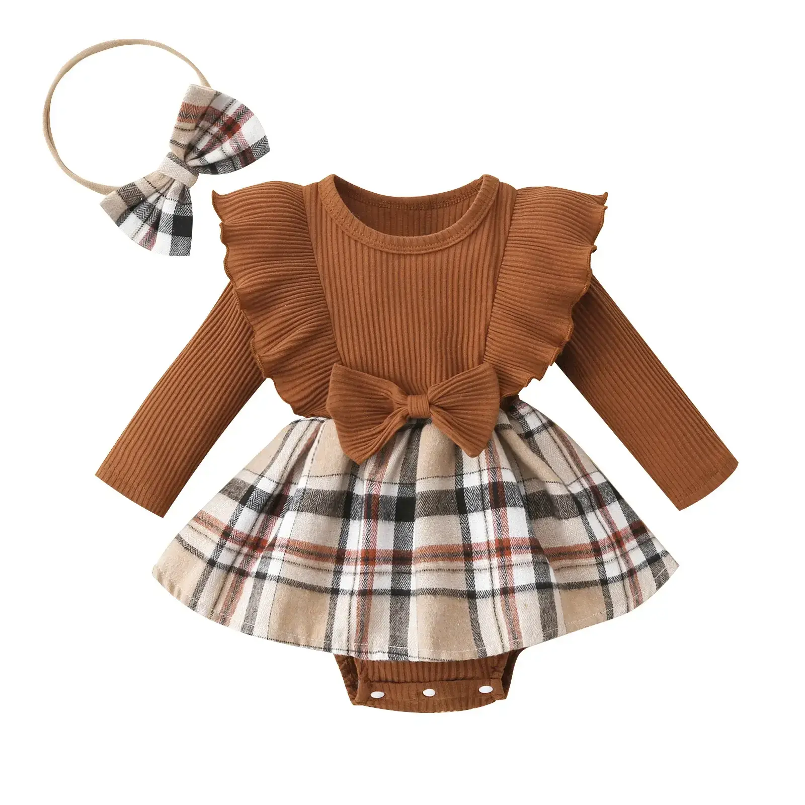 Brown Ribbed Baby Crawling Suit Two-Piece Set — feature 10