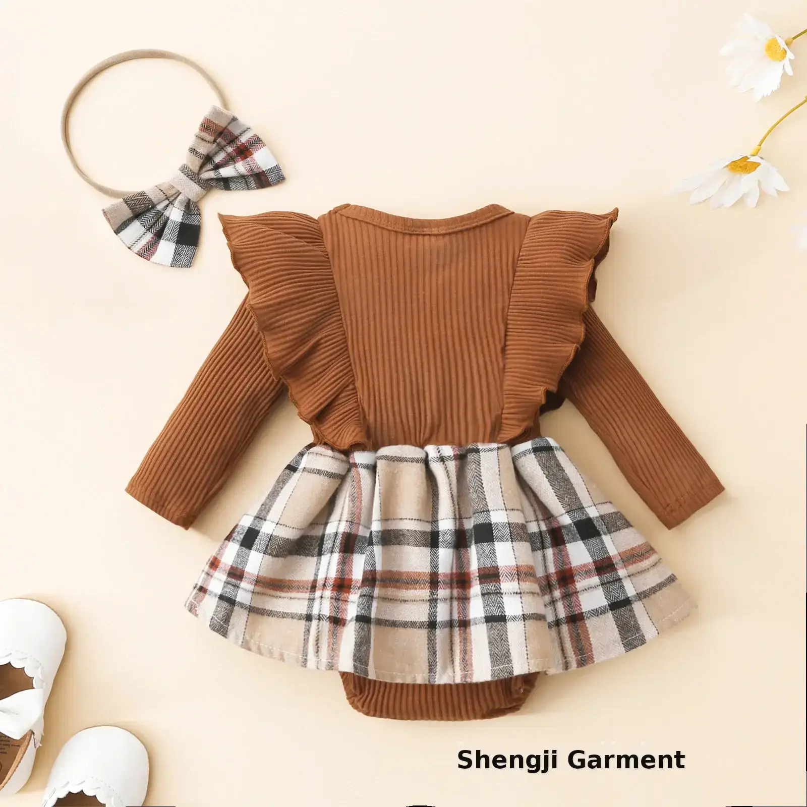 Brown Ribbed Baby Crawling Suit Two-Piece Set — feature 2