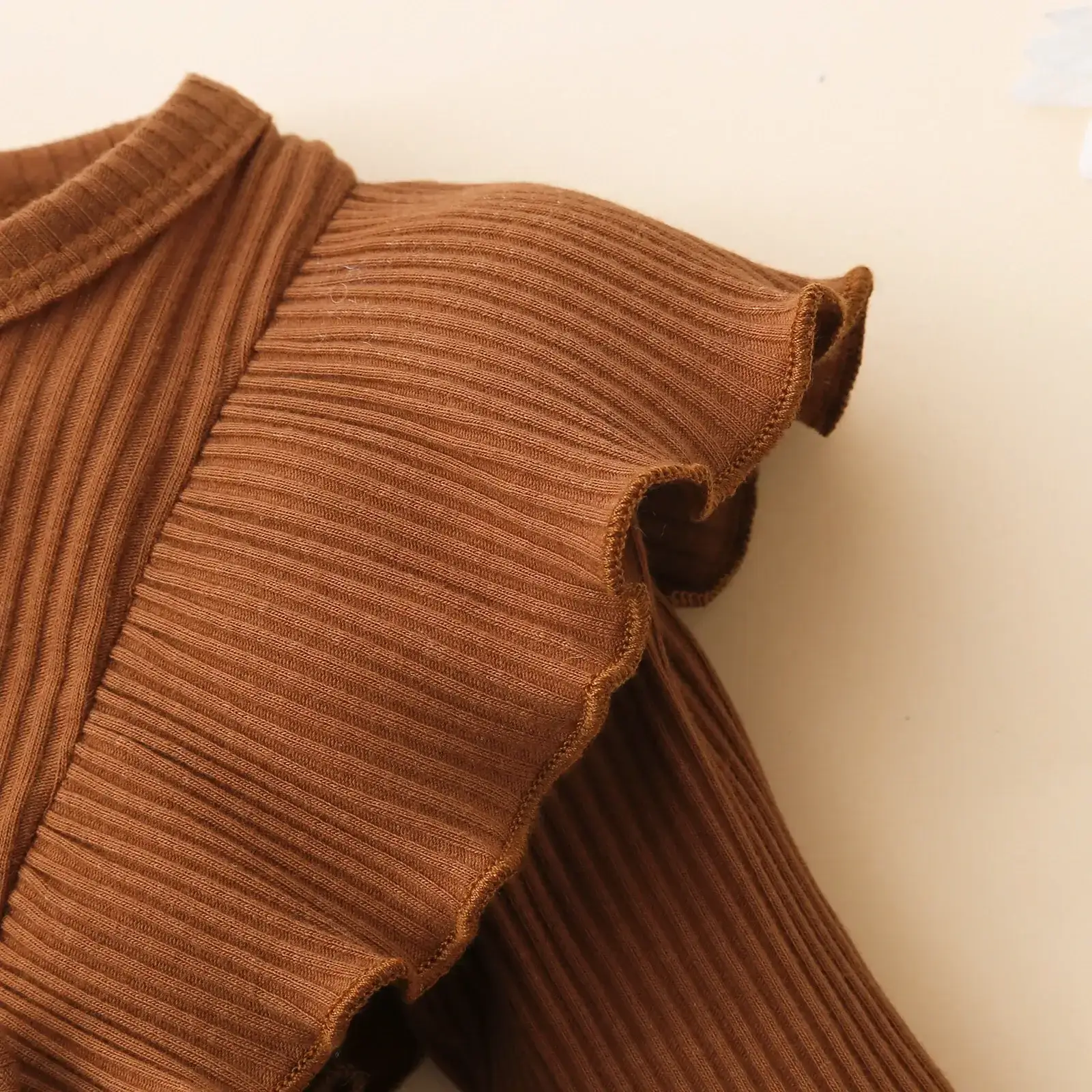 Brown Ribbed Baby Crawling Suit Two-Piece Set — feature 4
