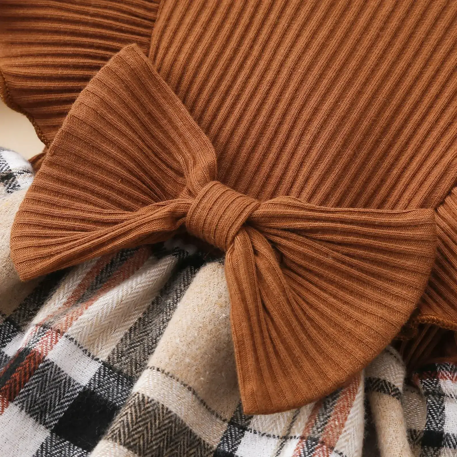 Brown Ribbed Baby Crawling Suit Two-Piece Set — feature 7