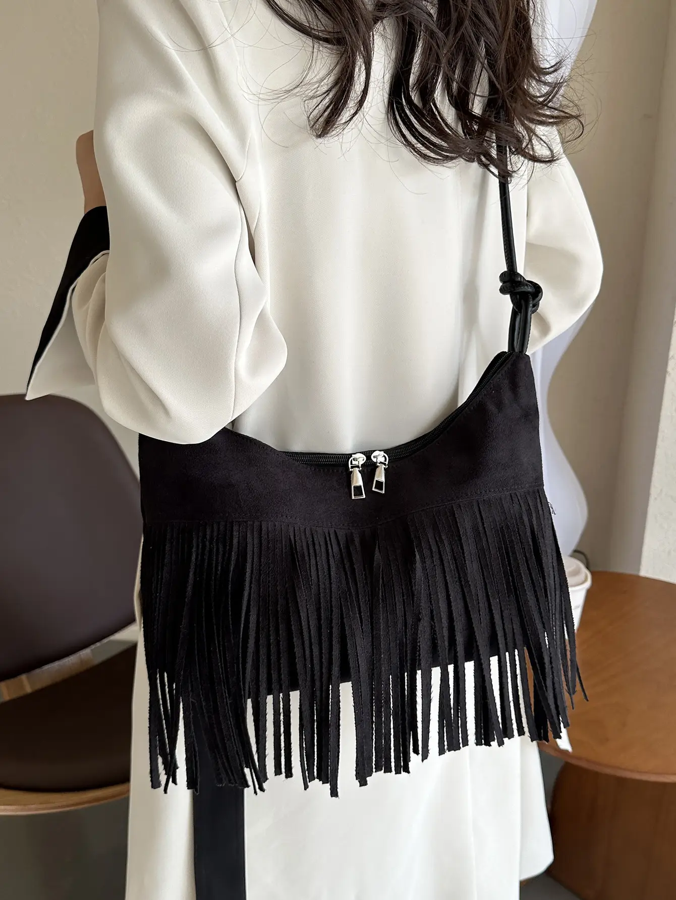 Tassel Crossbody Bag Women Winter Shoulder Bag Brown White - Image 7