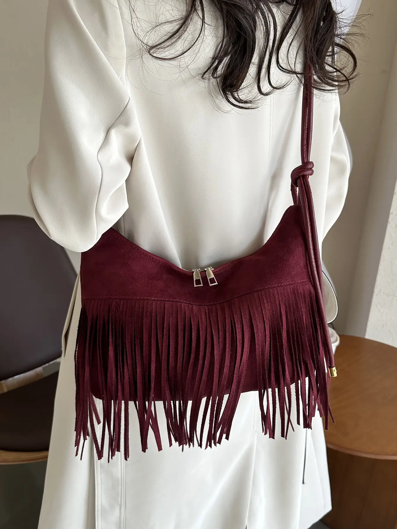 Tassel Crossbody Bag Women Winter Shoulder Bag Brown White - Image 8