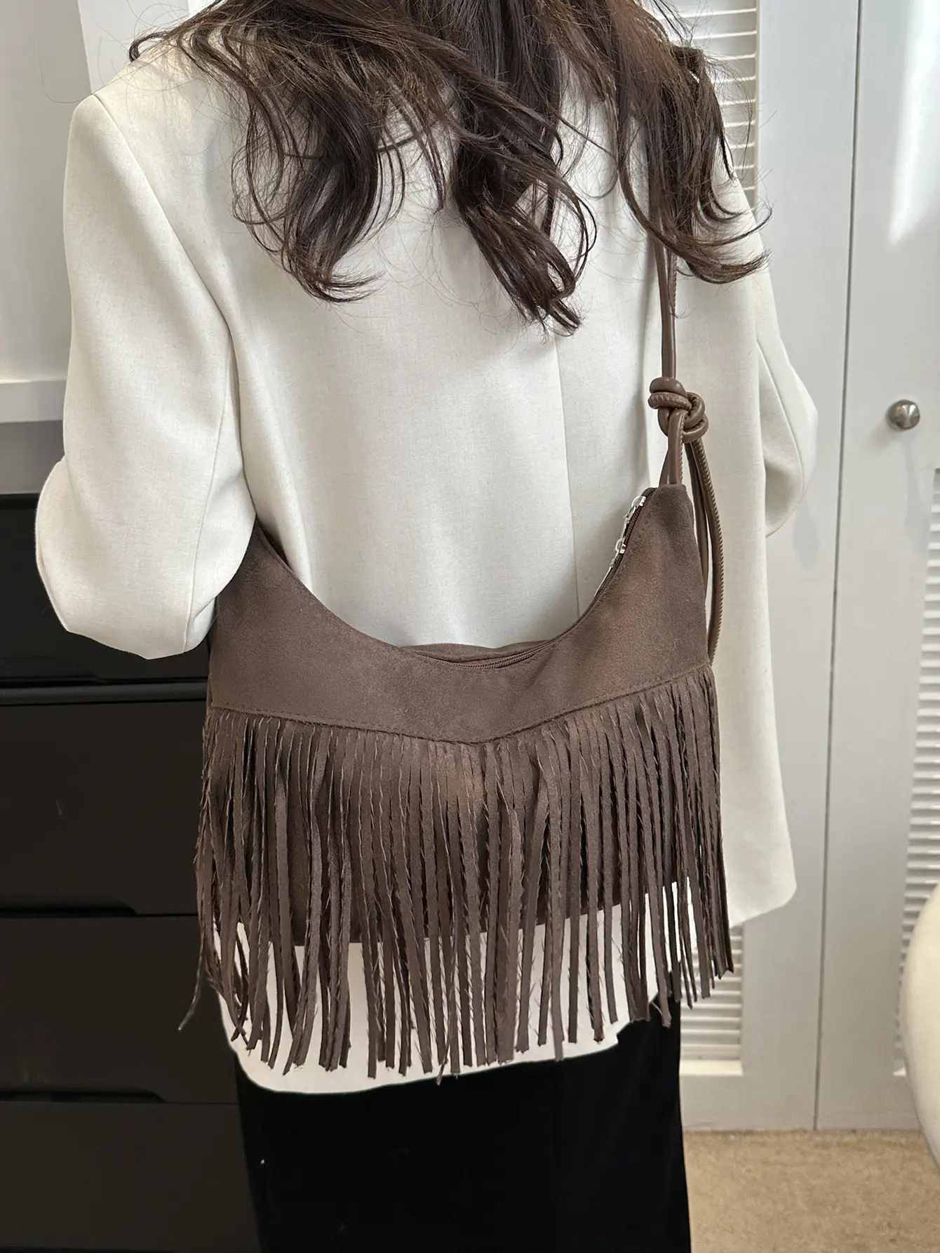 Tassel Crossbody Bag Women Winter Shoulder Bag Brown White - Image 9