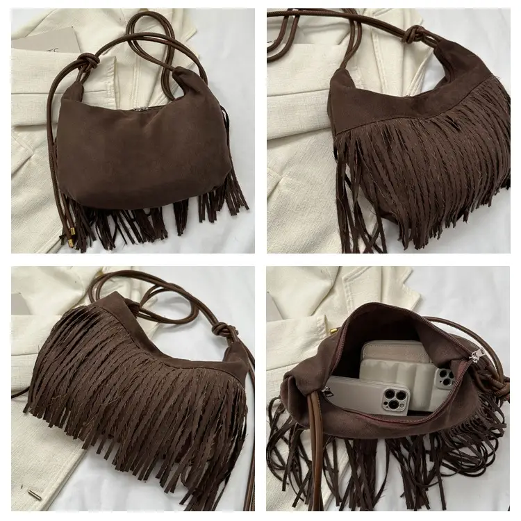 Tassel Crossbody Bag Women Winter Shoulder Bag Brown White — feature 8