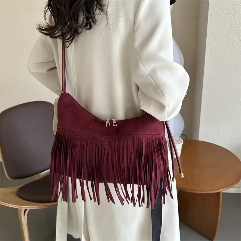 Tassel Crossbody Bag Women Winter Shoulder Bag Brown White - Image 2