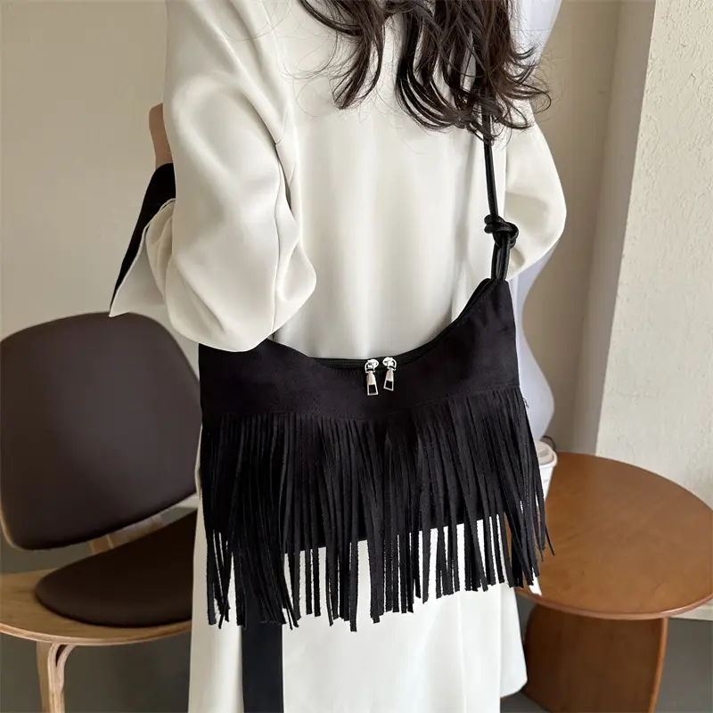 Tassel Crossbody Bag Women Winter Shoulder Bag Brown White - Image 3