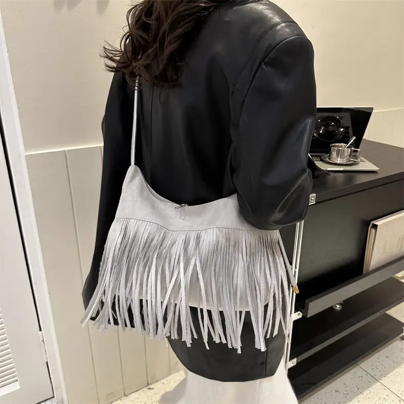 Tassel Crossbody Bag Women Winter Shoulder Bag Brown White - Image 4